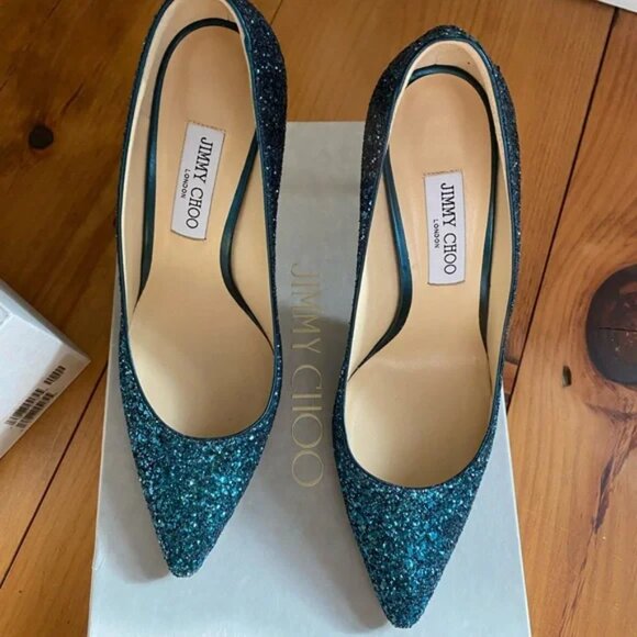 Jimmy Choo Peacock/Navy Romy 100 Glitter Ombré Heels - Picture 9 of 11